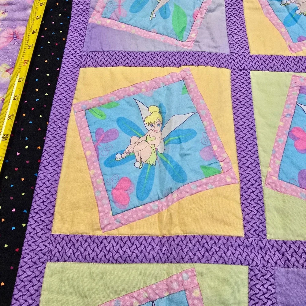 Disney Tinker Bell Handmade Quilt Blanket Fairy Patchwork Purple Yellow 55x46